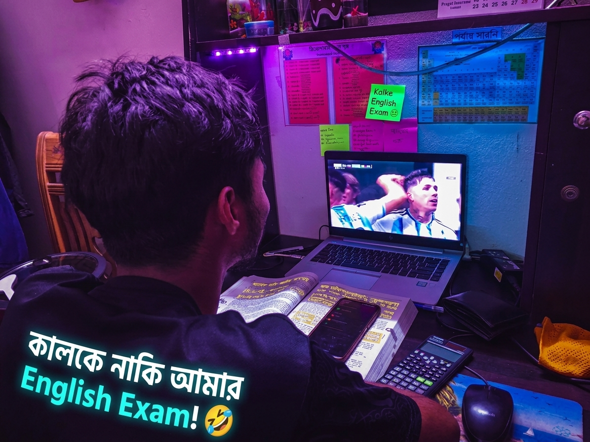 সাবাশ আর্জেন্টিনা! বই খোলা থাকে শুধু মনের শান্তির জন্য, আর আসল ফোকাস তো স্ক্রিনেই! 🤣 পরীক্ষার আগের রাতের স্পেশাল প্রিপার